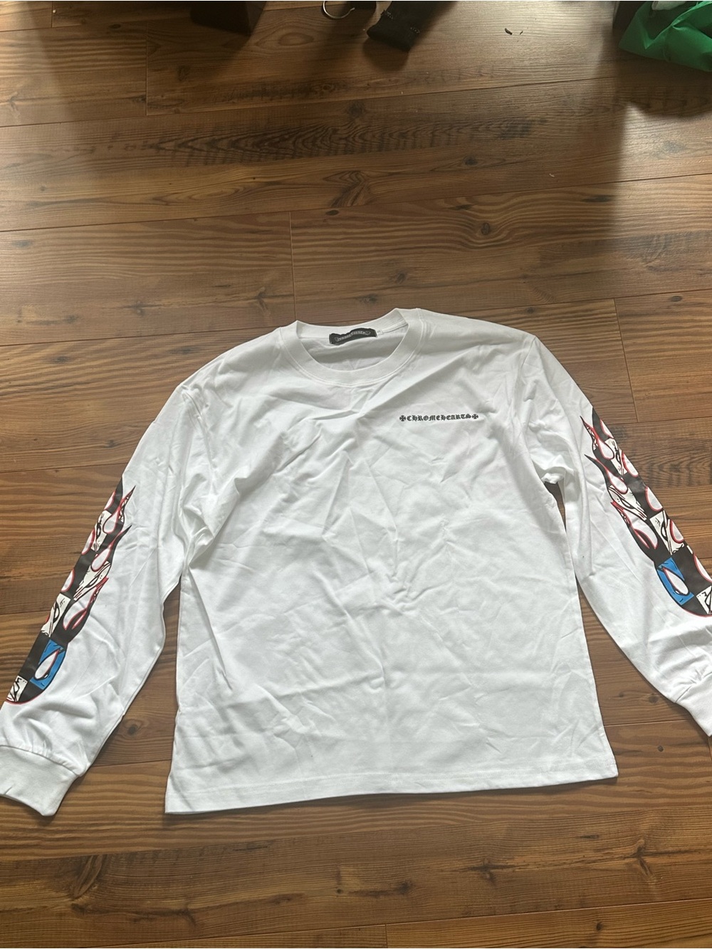 Chrome Hearts White Long Sleeve Tee with Flame Sleeve Graphics